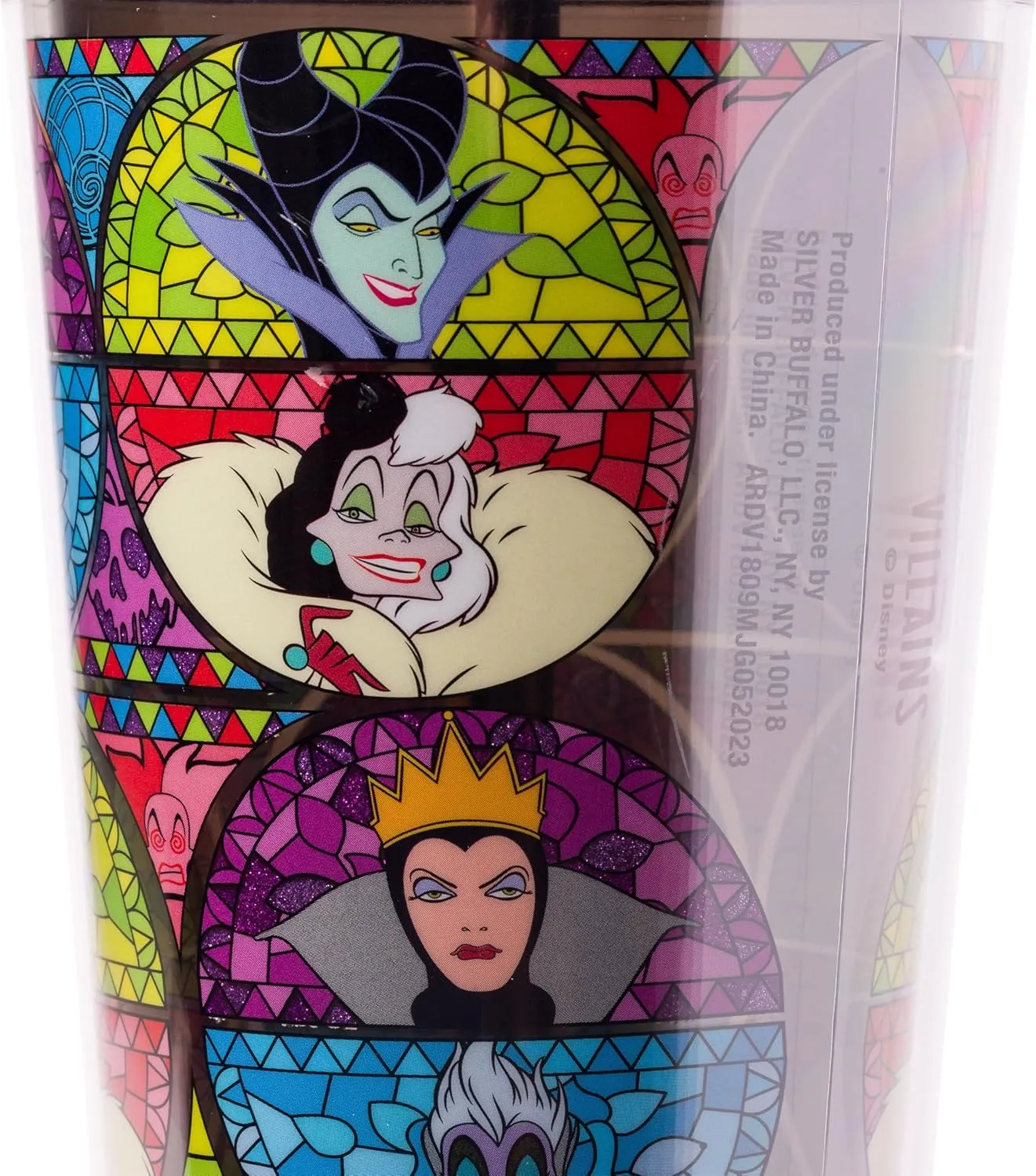 Silver Buffalo Disney Villains Featuring Cruella de Vil, Maleficent, Ursula, and the Evil Queen Glitter Plastic Cold Cup with Lid and Straw Topper, 24 Ounces