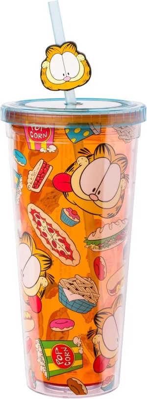 Silver Buffalo Garfield Junk Food Pattern Plastic Cold Cup with Lid and Straw Topper, 24 Ounces