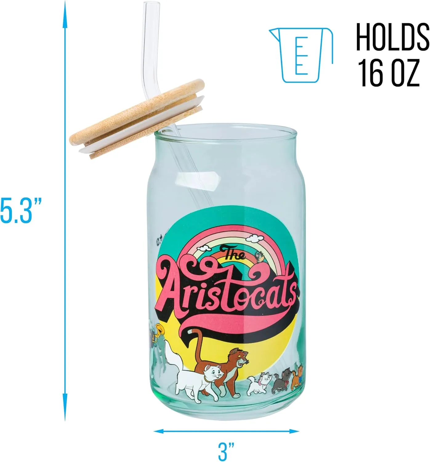Silver Buffalo The Aristocats Glass Tumbler with Bamboo Lid and Glass Straw Featuring Duchess, Thomas O’Malley, Berlioz, Toulouse, Marie, Billy Boss, Hit Cat, Scat Cat, Peppo, and Shun Gon, 16 Ounces