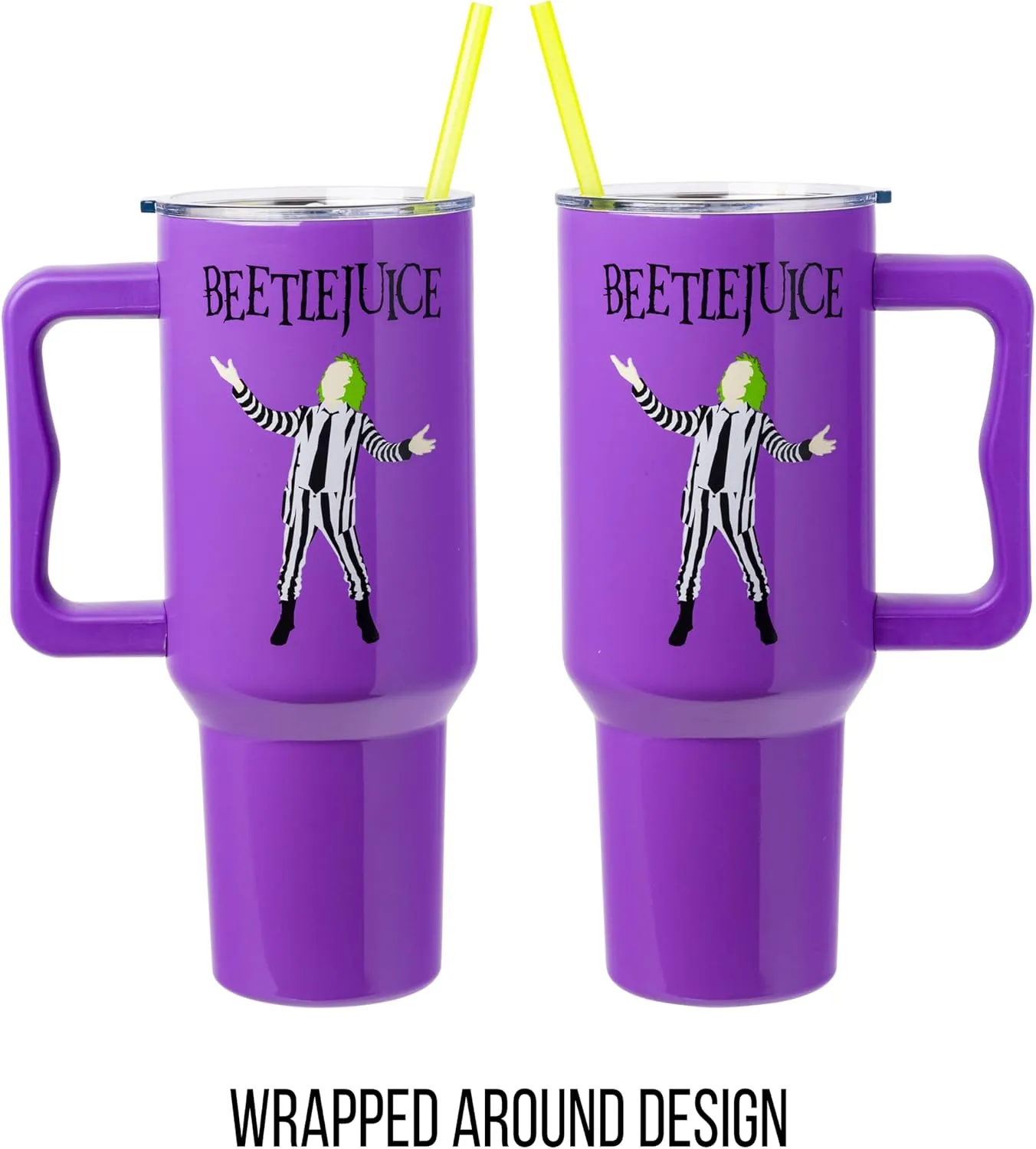 Silver Buffalo Tim Burton Beetlejuice Stainless Steel Tumbler with Handle and Straw, Fits in Standard Cup Holder, 40 Ounces