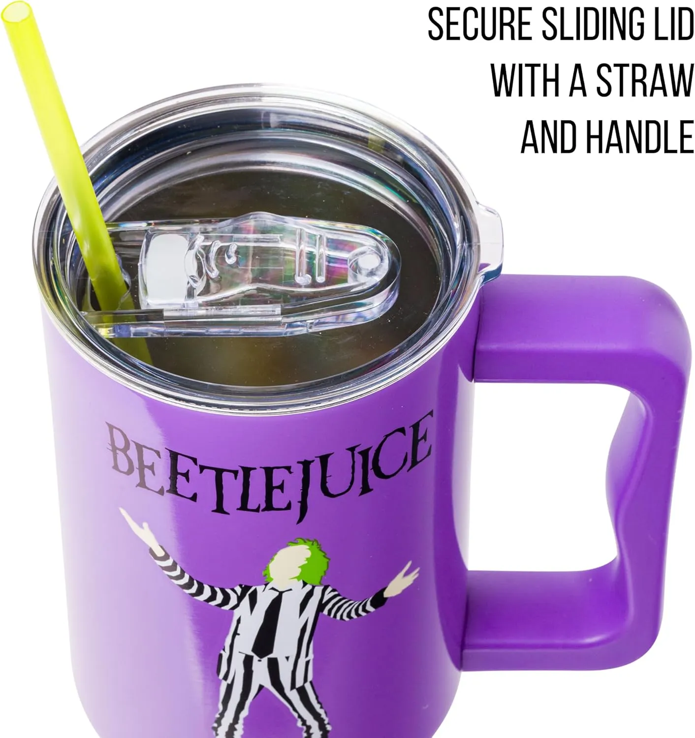 Silver Buffalo Tim Burton Beetlejuice Stainless Steel Tumbler with Handle and Straw, Fits in Standard Cup Holder, 40 Ounces