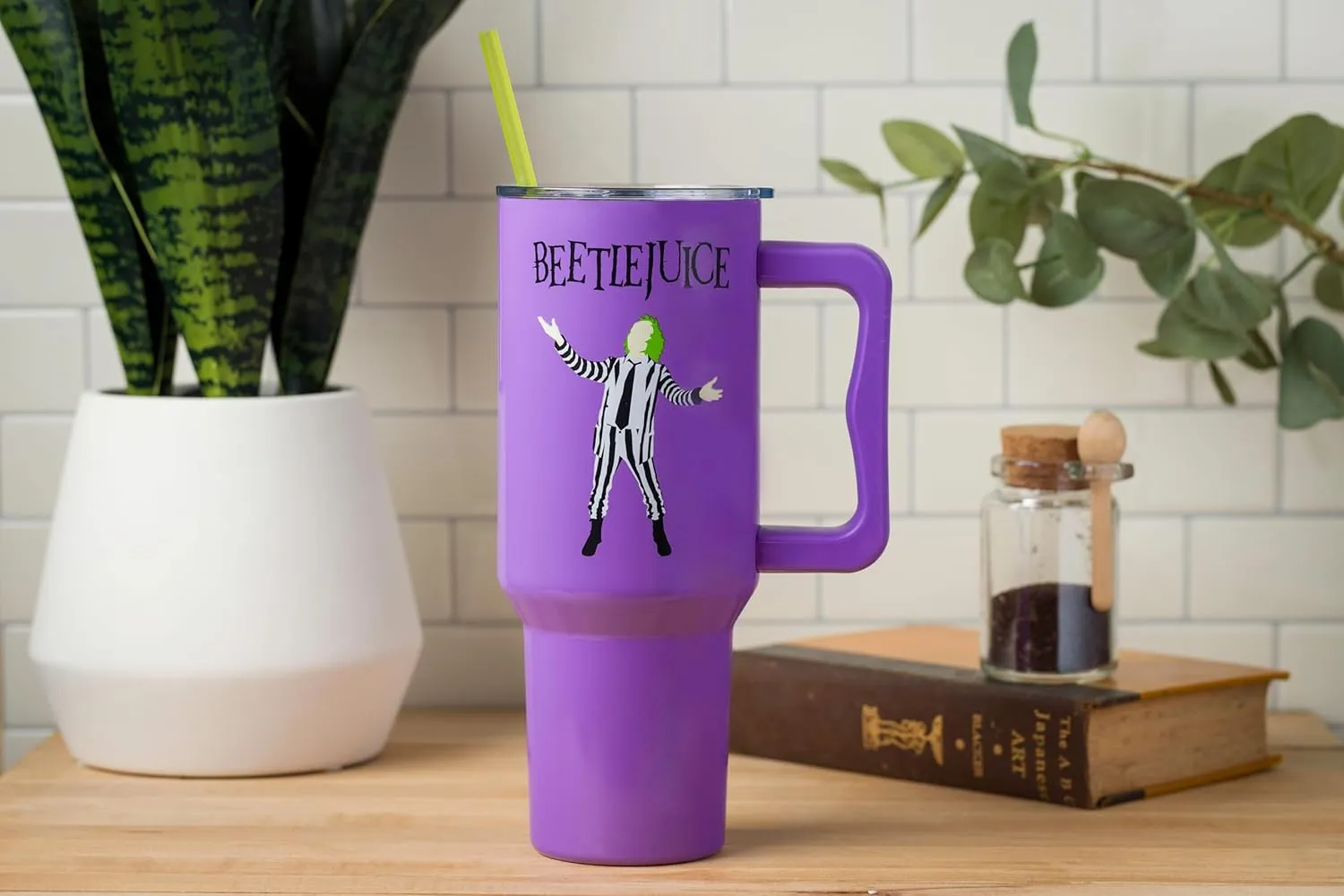 Silver Buffalo Tim Burton Beetlejuice Stainless Steel Tumbler with Handle and Straw, Fits in Standard Cup Holder, 40 Ounces