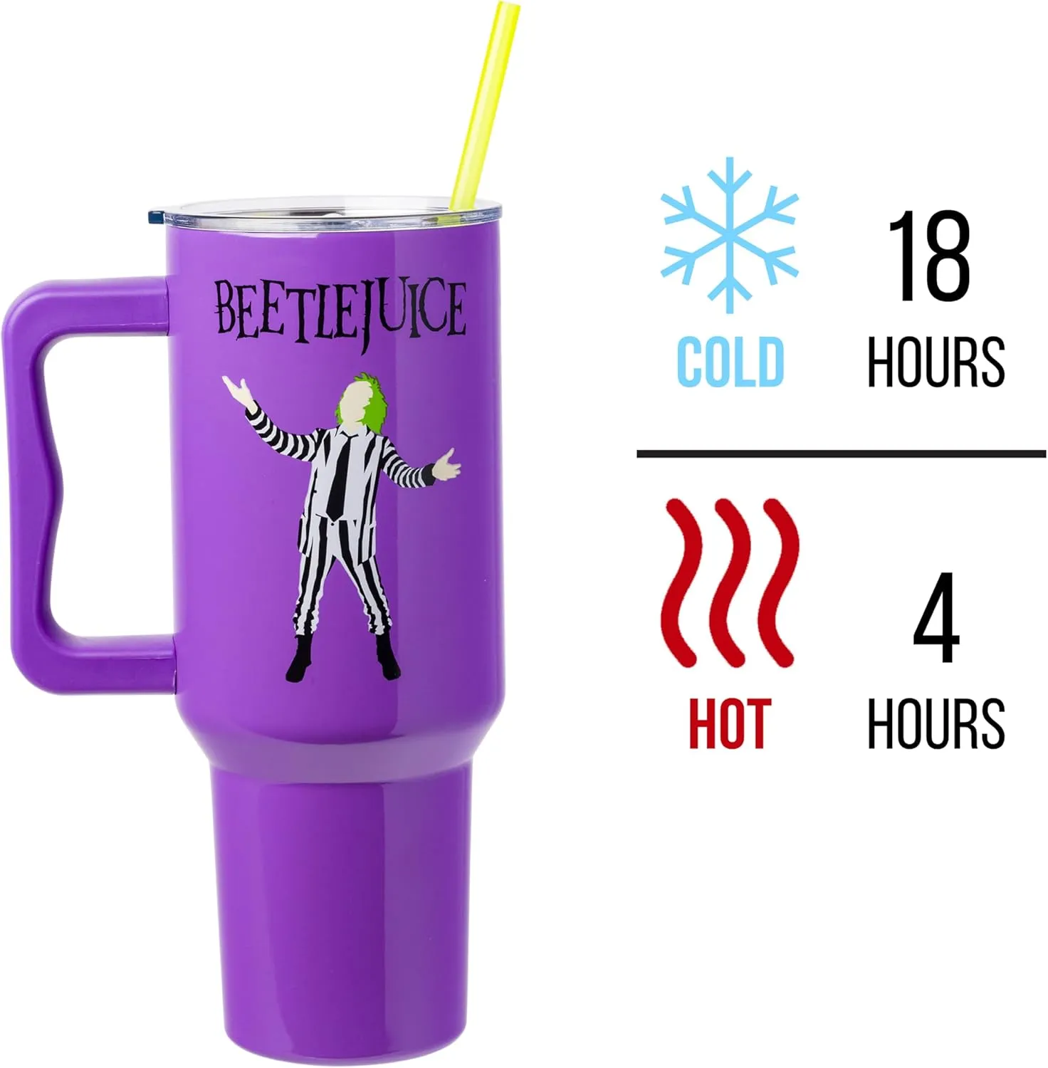 Silver Buffalo Tim Burton Beetlejuice Stainless Steel Tumbler with Handle and Straw, Fits in Standard Cup Holder, 40 Ounces