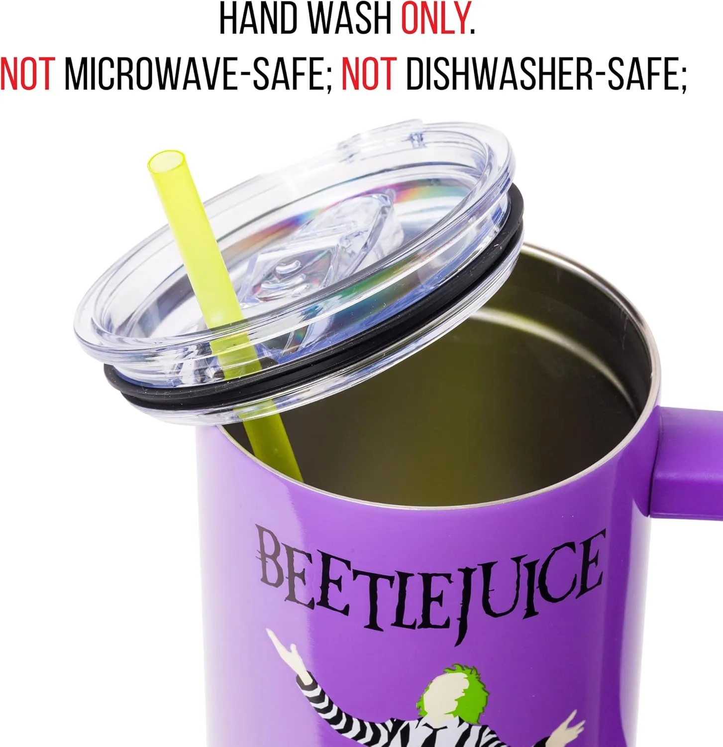 Silver Buffalo Tim Burton Beetlejuice Stainless Steel Tumbler with Handle and Straw, Fits in Standard Cup Holder, 40 Ounces