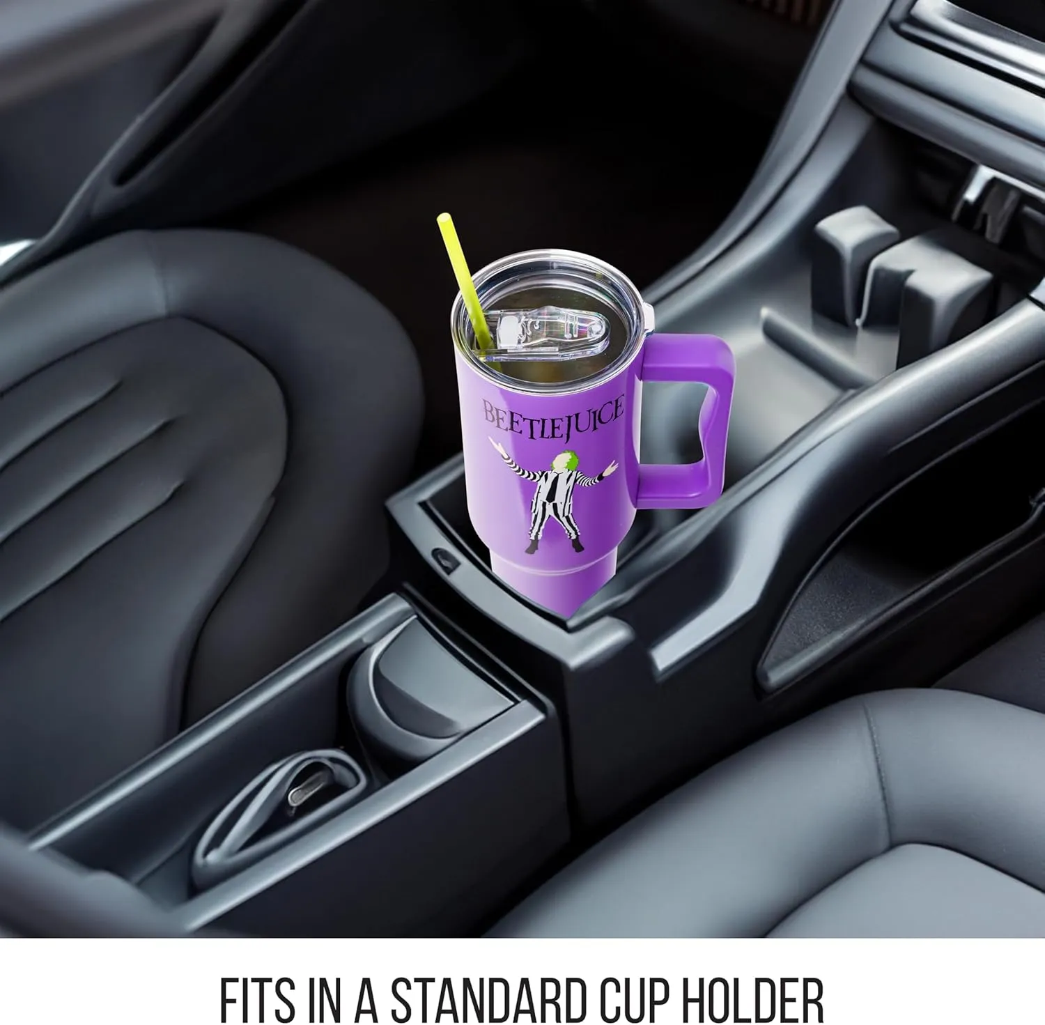 Silver Buffalo Tim Burton Beetlejuice Stainless Steel Tumbler with Handle and Straw, Fits in Standard Cup Holder, 40 Ounces