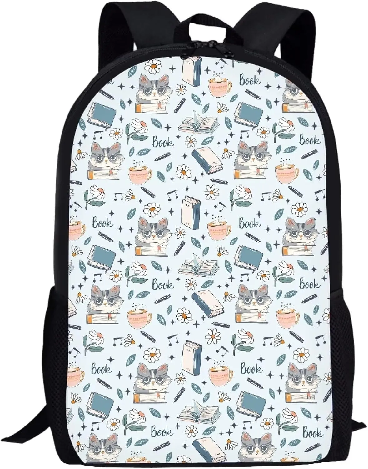 Simple School Bag for Kids Book Floral Cat Backpack for Student Cute Print Large Capacity Bookbag with Adjustable Shoulder Straps Lightweight Sturdy Backpack for Boys Girls