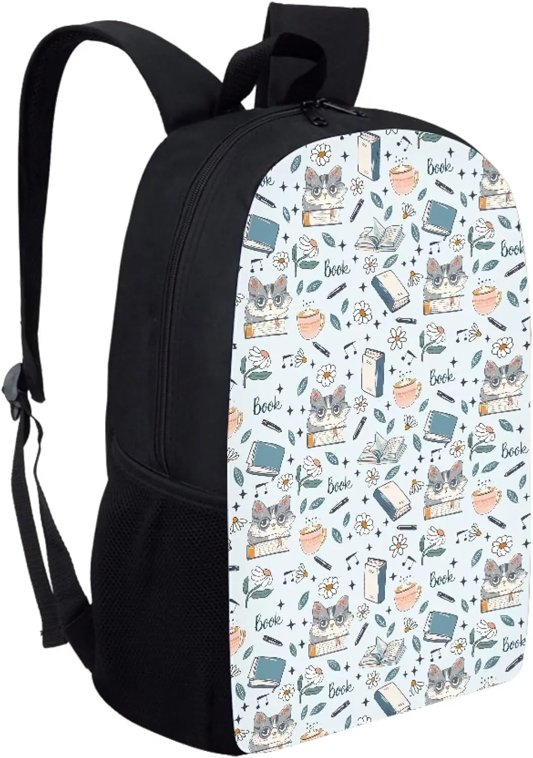 Simple School Bag for Kids Book Floral Cat Backpack for Student Cute Print Large Capacity Bookbag with Adjustable Shoulder Straps Lightweight Sturdy Backpack for Boys Girls