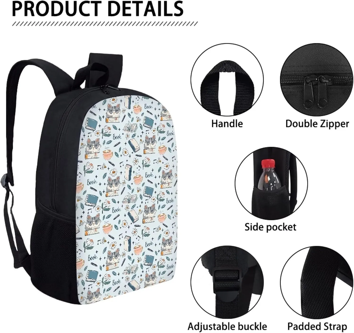 Simple School Bag for Kids Book Floral Cat Backpack for Student Cute Print Large Capacity Bookbag with Adjustable Shoulder Straps Lightweight Sturdy Backpack for Boys Girls
