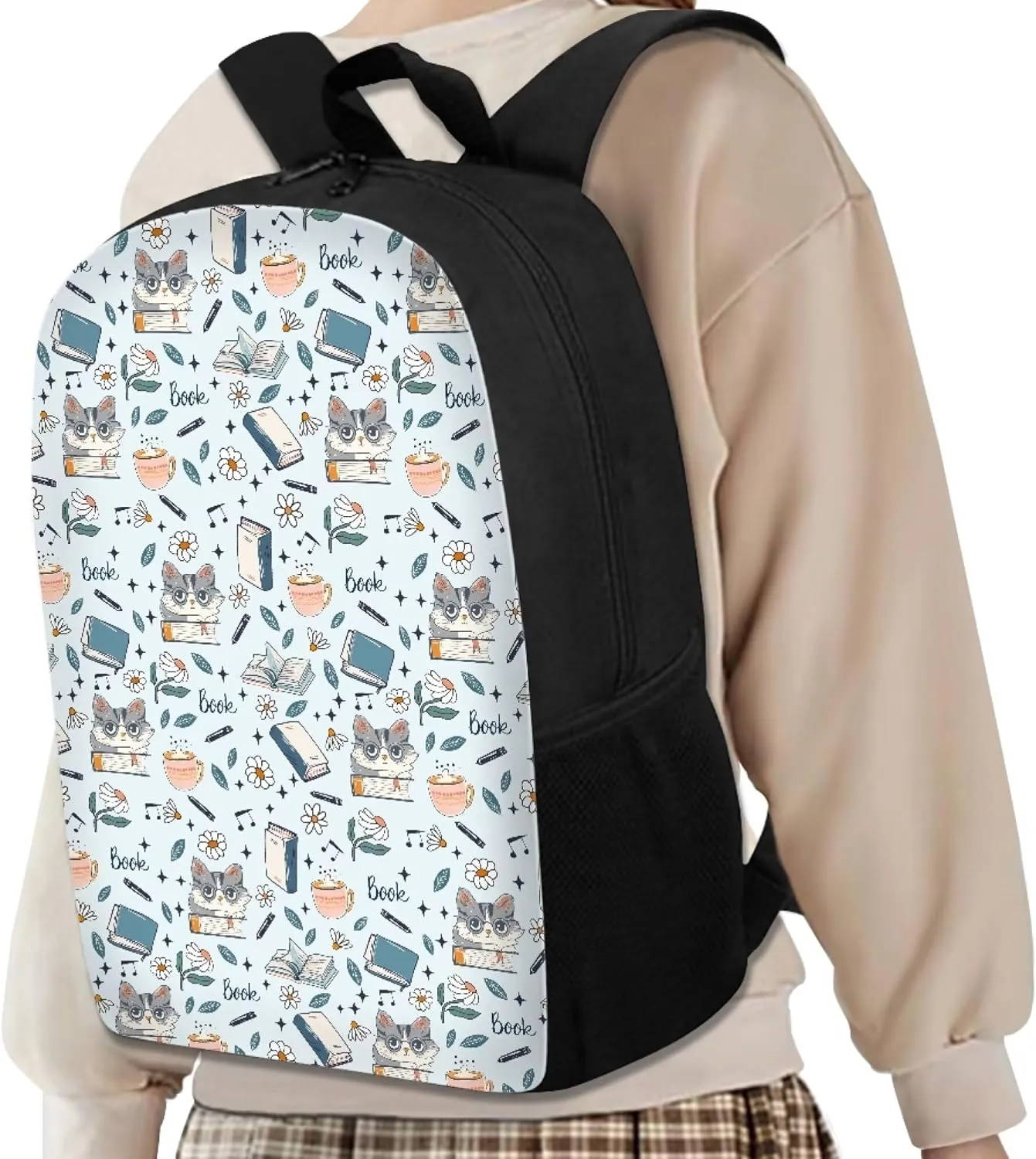 Simple School Bag for Kids Book Floral Cat Backpack for Student Cute Print Large Capacity Bookbag with Adjustable Shoulder Straps Lightweight Sturdy Backpack for Boys Girls
