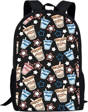 Simple School Bag for Kids Milky Tea Backpack for Student Cute Print Large Capacity Bookbag with Adjustable Shoulder Straps Lightweight Sturdy Backpack for Boys Girls