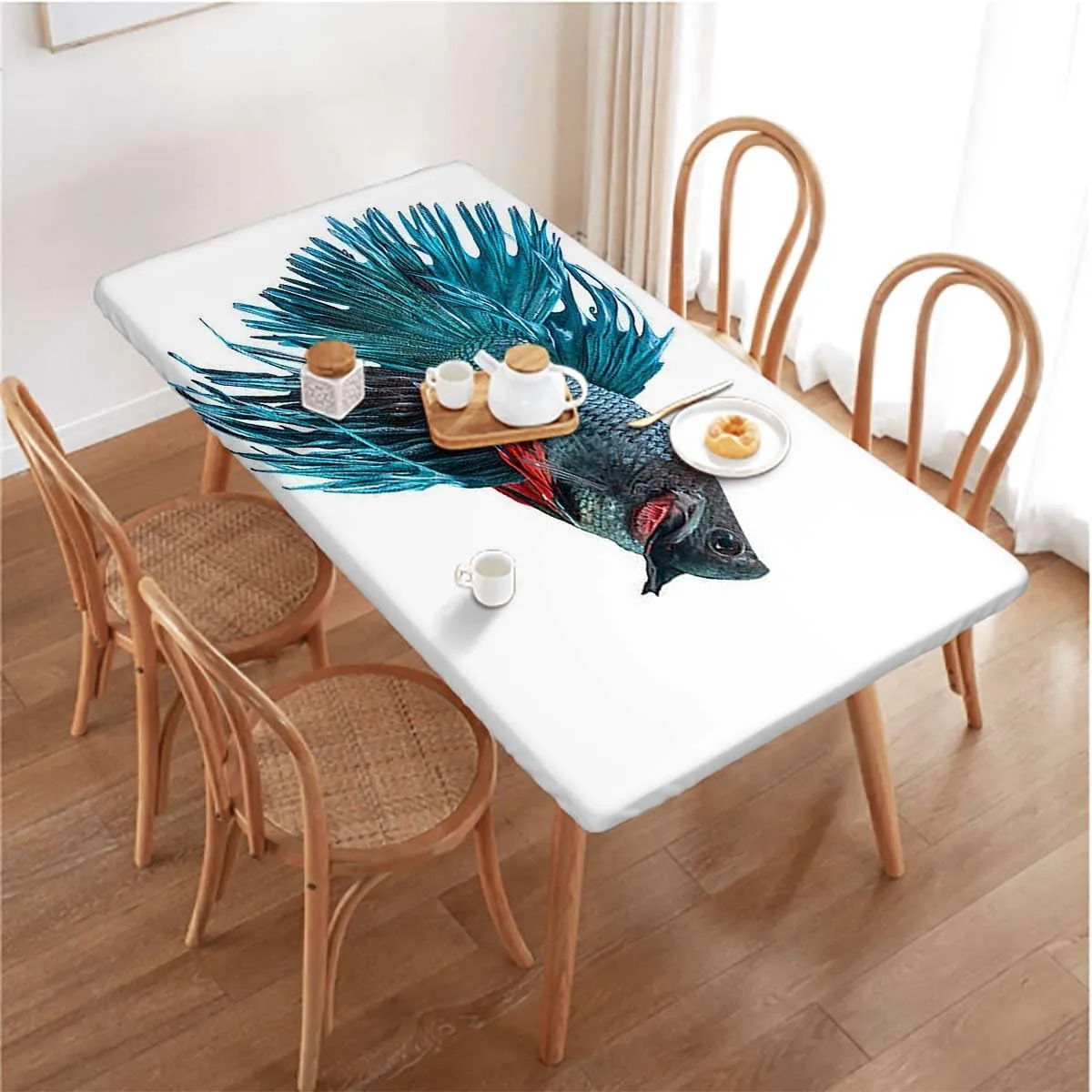 Sky Blue Dark Coral Rectangle Tables Decor Swimming Aquarium Sea Animal Rectangle Table Cloth Reusable Table Cover for Picnic Dining Decoration Fish Fits up 5 Foot Tables