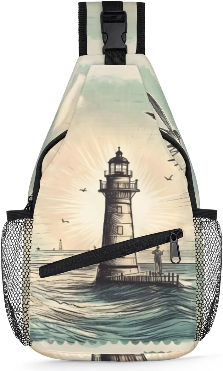 Sling Backpack Vintage Lighthouse Stamp,Shoulder Chest Bag Crossbody Sling Bag Travel Hiking Daypack for Women Men