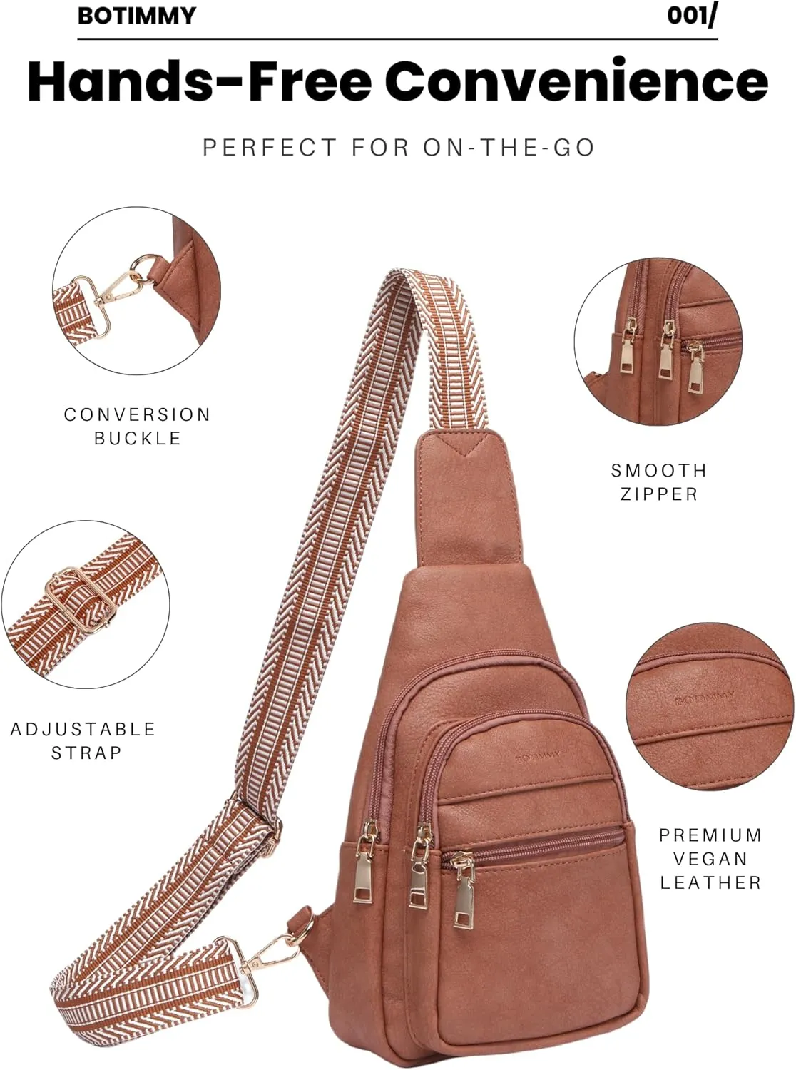 Sling Bag for Women Crossbody Purse Vegan Leather Packs Chest Bag with Adjustable Wide Strap for Travel Anti Theft Brown