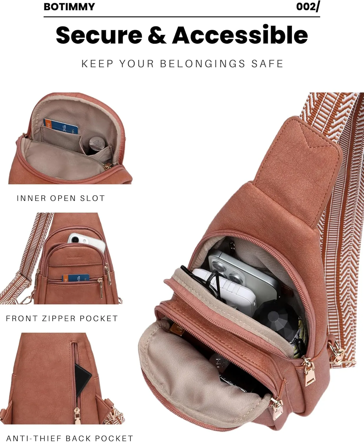 Sling Bag for Women Crossbody Purse Vegan Leather Packs Chest Bag with Adjustable Wide Strap for Travel Anti Theft Brown