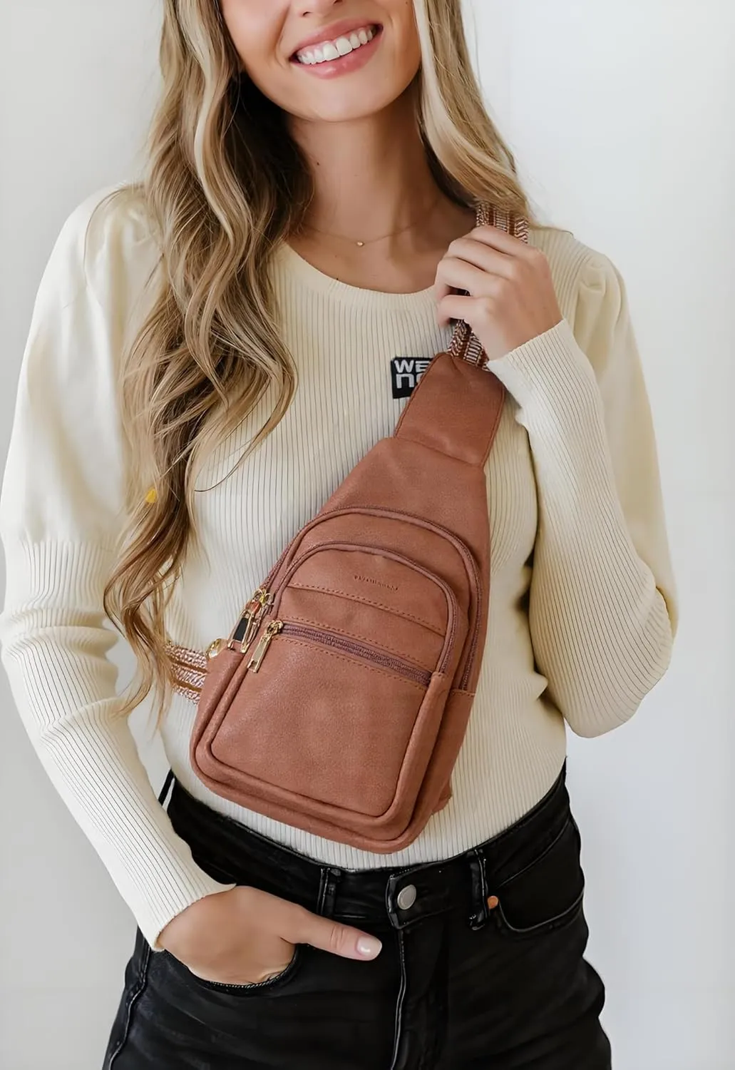 Sling Bag for Women Crossbody Purse Vegan Leather Packs Chest Bag with Adjustable Wide Strap for Travel Anti Theft Brown