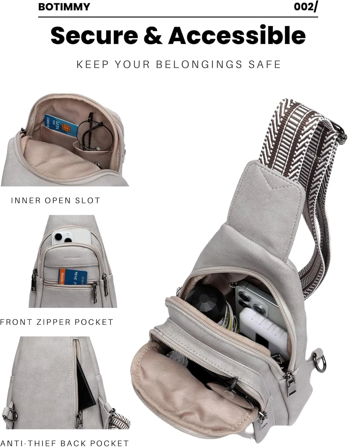 Sling Bag for Women Crossbody Purse Vegan Leather Packs Chest Bag with Adjustable Wide Strap for Travel Anti Theft Gray