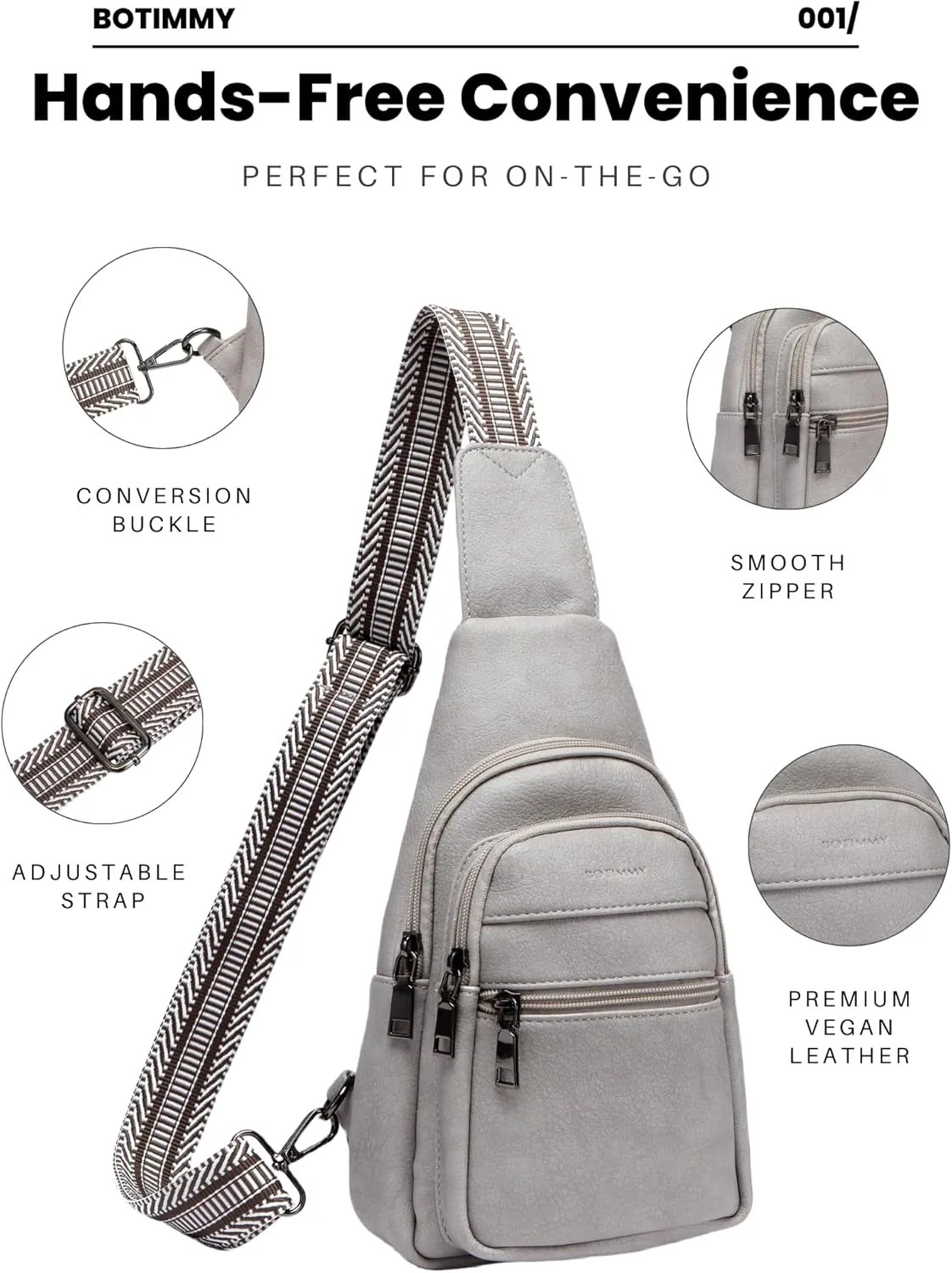 Sling Bag for Women Crossbody Purse Vegan Leather Packs Chest Bag with Adjustable Wide Strap for Travel Anti Theft Gray