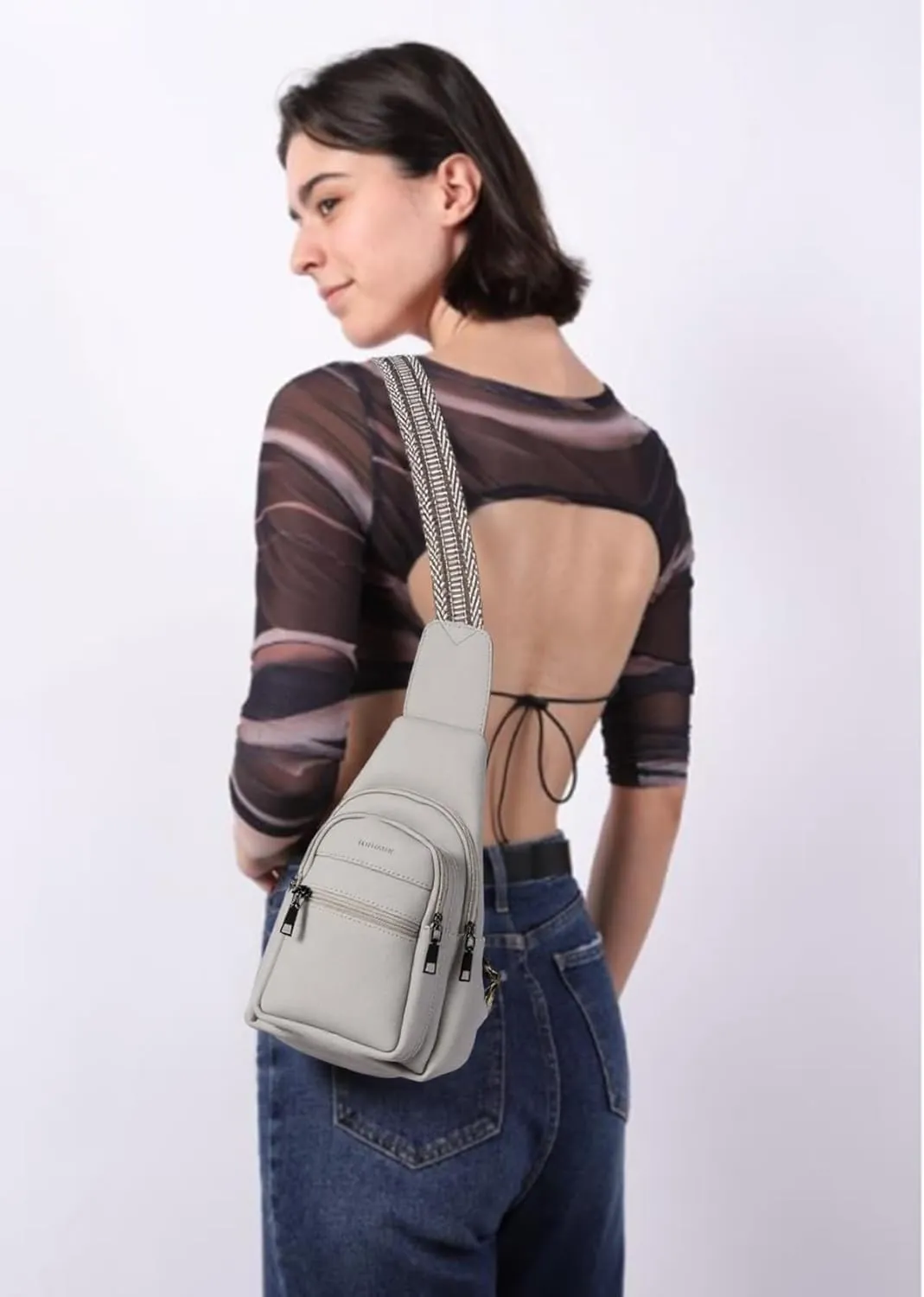 Sling Bag for Women Crossbody Purse Vegan Leather Packs Chest Bag with Adjustable Wide Strap for Travel Anti Theft Gray