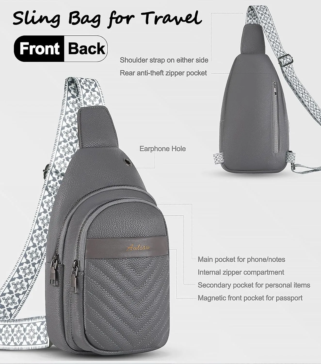 Sling Bag for Women, Leather Crossbody Bag Sling Bag Crossbody Backpack for Travel Sports Running Hiking for Man Woman