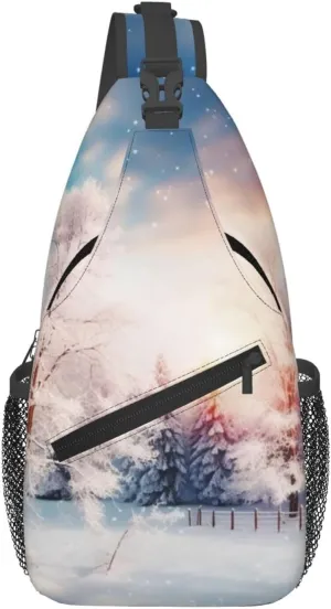 Sling Bag for Women Men Chest Bag Beautiful Landscape Trees Snow Flakes Crossbody Bag Sling Backpack Fanny Packs Hiking Daypack for Travel