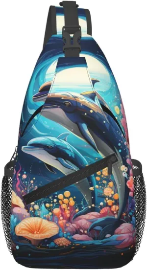 Sling Bag for Women Men Chest Bag Cartoon Dolphin Crossbody Bag Sling Backpack Fanny Packs Hiking Daypack for Travel