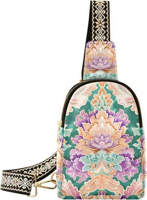 Sling Bag Leather Crossbody Bags Symmetrical Gorgeous Flowers Waist Packs Fanny Pack Chest Bag Travel Purse for Women Traveling Daily Shopping