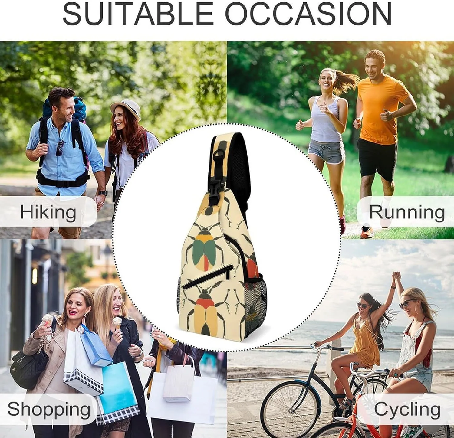 Sling Bags for Women Men Beetle Shape Pattern Sling Backpack Adjustable Belt Casual Chest Daypack Bum Bags Fanny Pack for Travel Sports Running Hiking Waist Packs, 38x20cm, style-2
