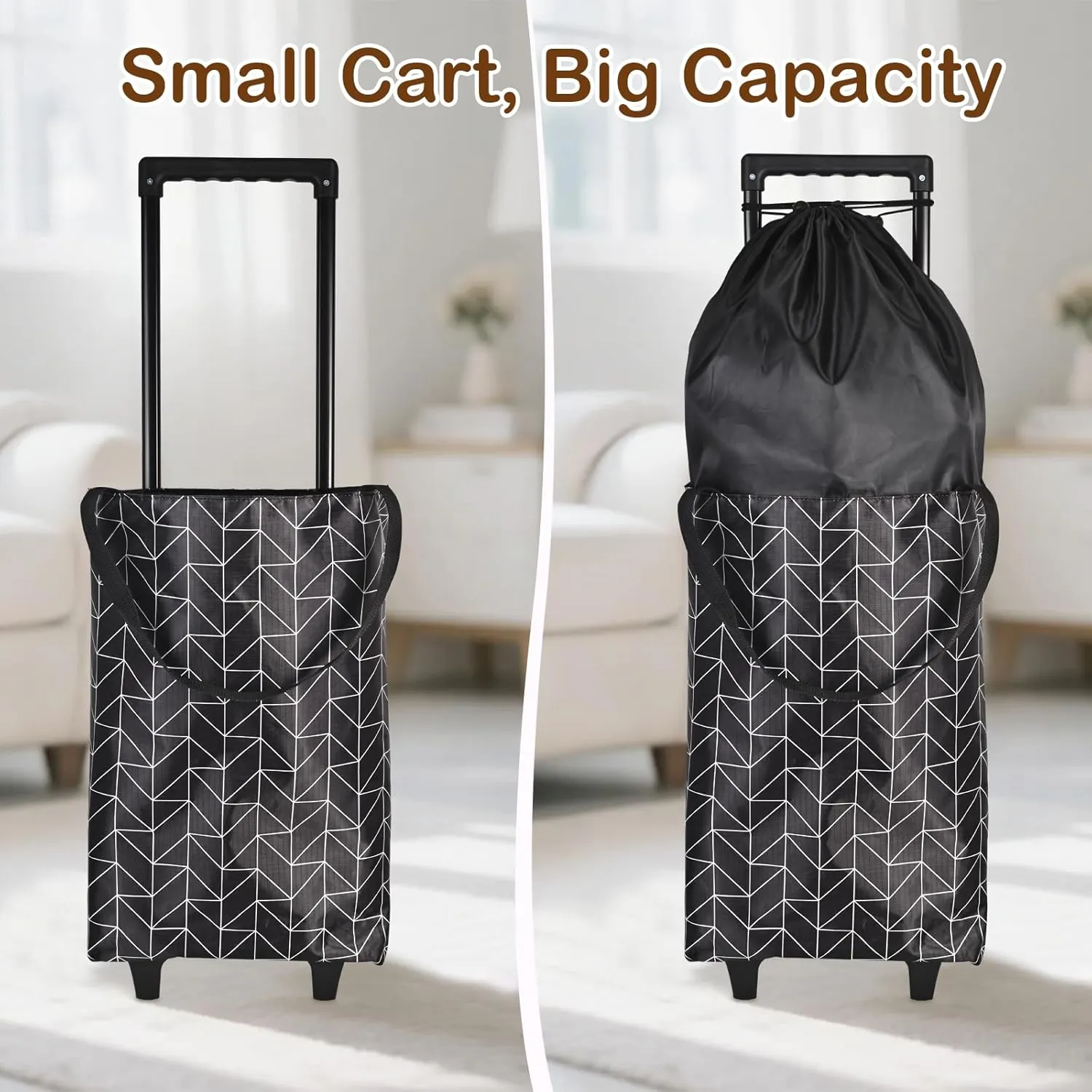 Small Collapsible Shopping Cart,Shopping Cart with Wheels,Folding Portable Waterproof Rolling,Trolley Tote Stair Climbing for Traveling Bag Expandable,Gift for Women (Black)