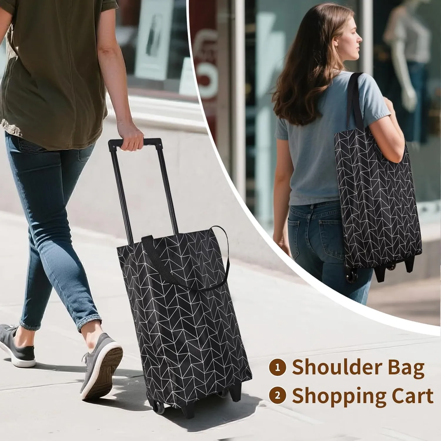 Small Collapsible Shopping Cart,Shopping Cart with Wheels,Folding Portable Waterproof Rolling,Trolley Tote Stair Climbing for Traveling Bag Expandable,Gift for Women (Black)