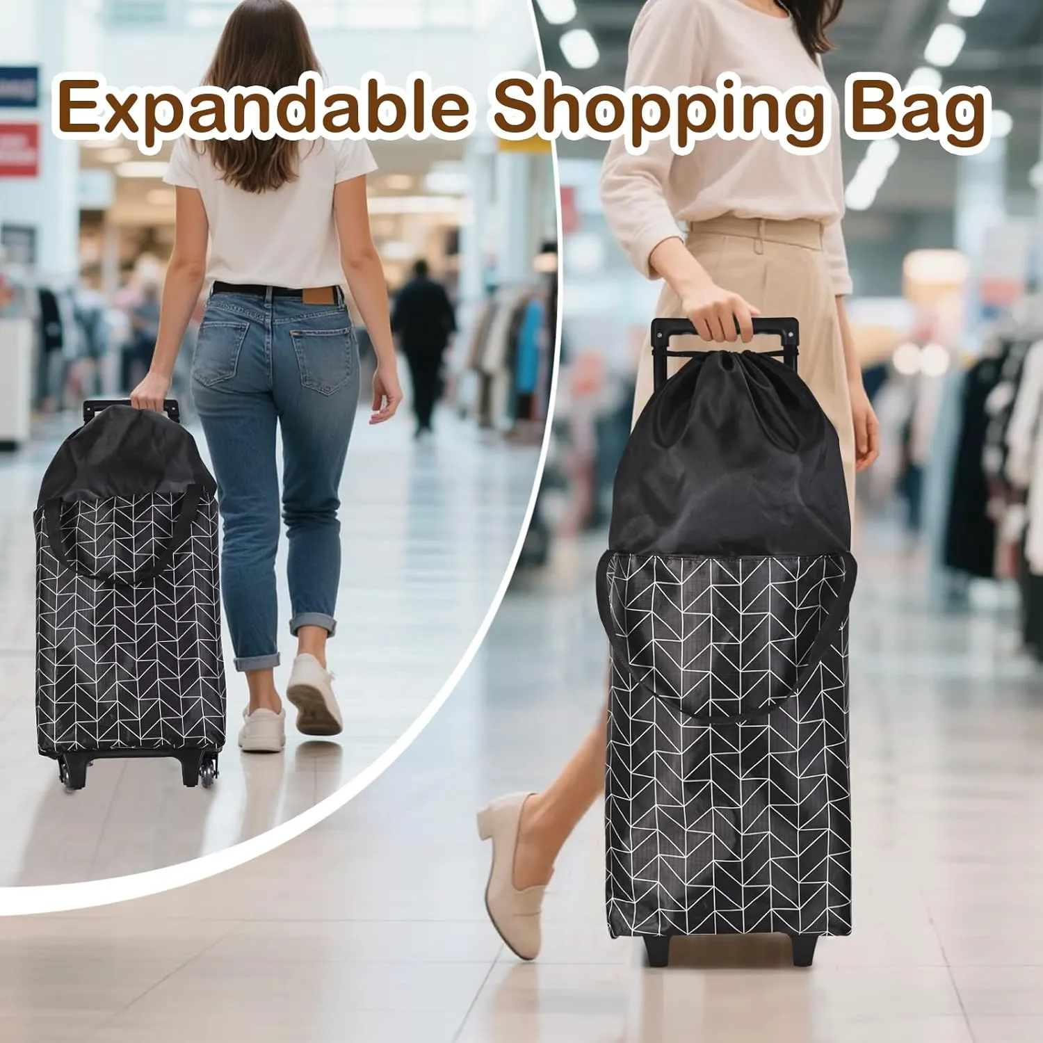 Small Collapsible Shopping Cart,Shopping Cart with Wheels,Folding Portable Waterproof Rolling,Trolley Tote Stair Climbing for Traveling Bag Expandable,Gift for Women (Black)
