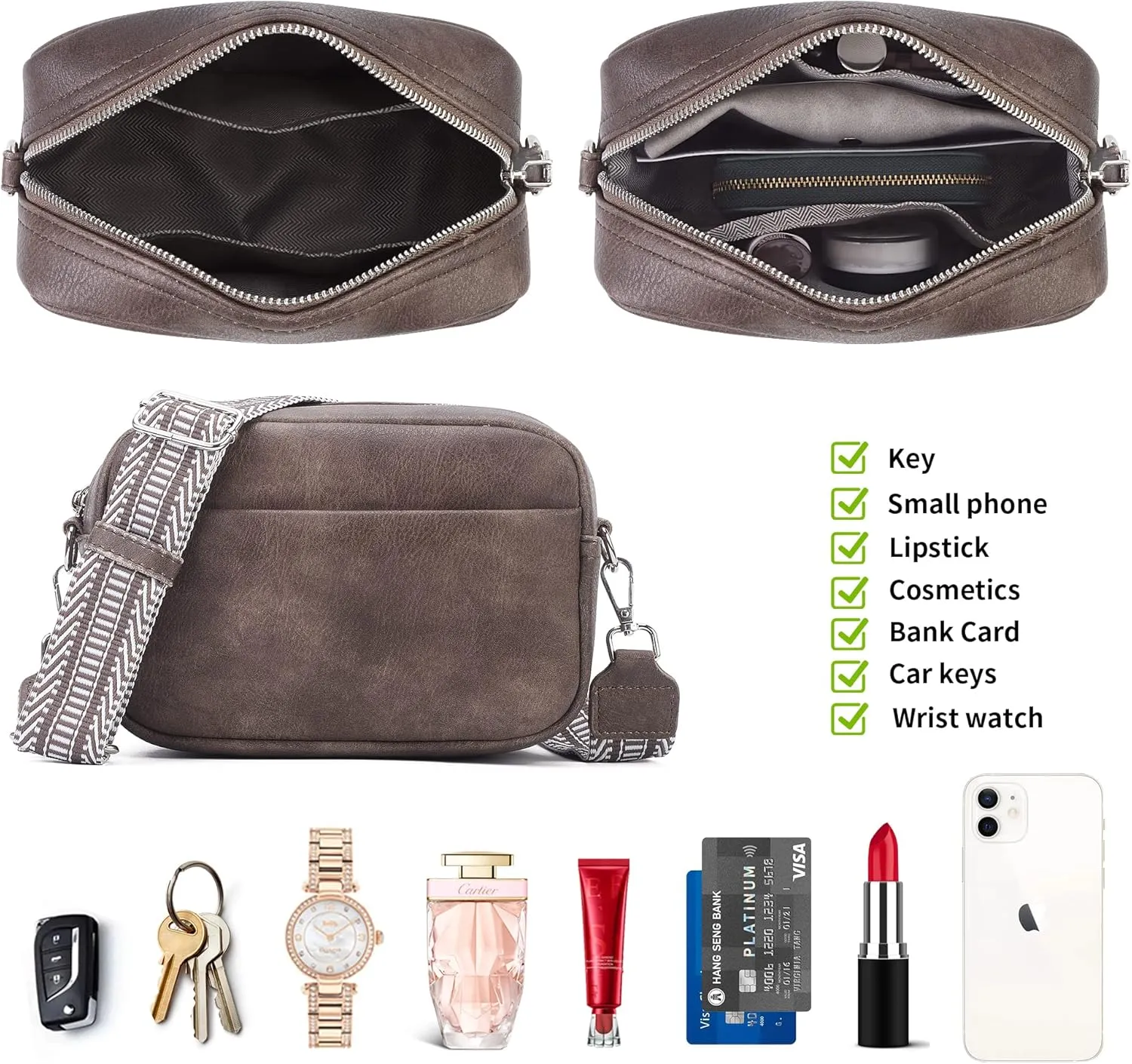 Small Crossbody Bag with Wide Guitar Strap Camera Purse Shoulder Handbag Satchel
