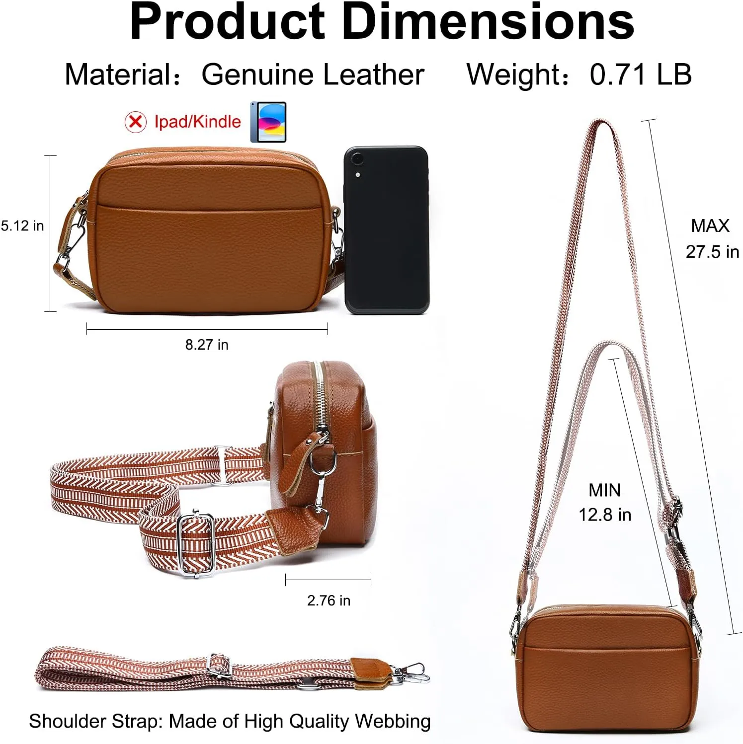 Small Crossbody Bags for Women Genuine Leather, Guitar Strap Shoulder Handbag Purse Camera Bag with Rfid Card Slots