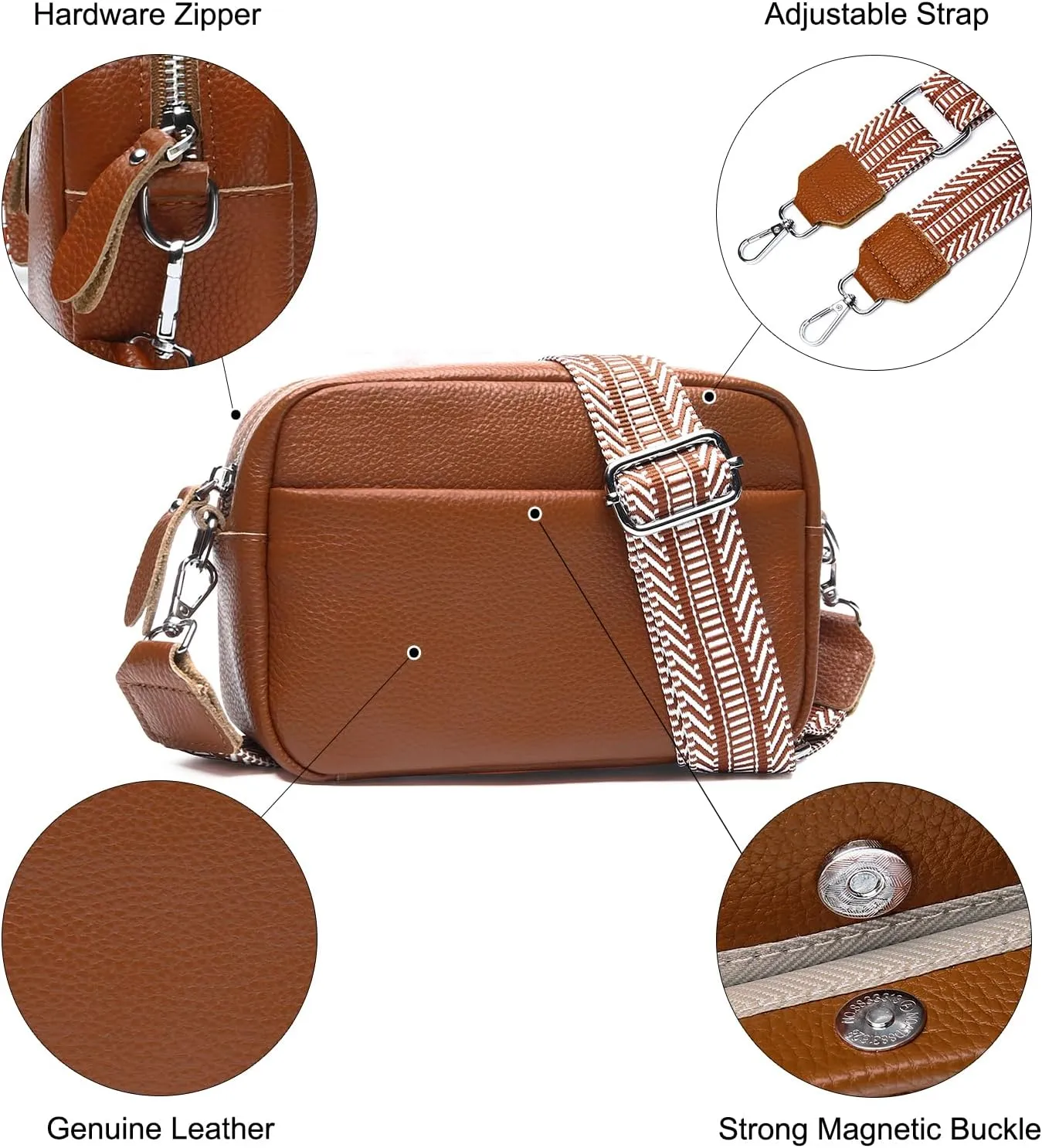 Small Crossbody Bags for Women Genuine Leather, Guitar Strap Shoulder Handbag Purse Camera Bag with Rfid Card Slots