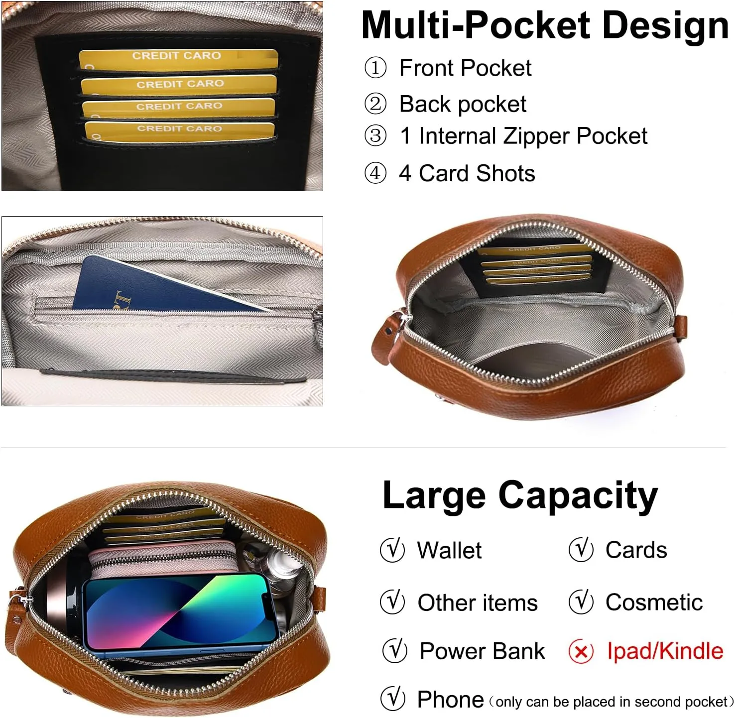 Small Crossbody Bags for Women Genuine Leather, Guitar Strap Shoulder Handbag Purse Camera Bag with Rfid Card Slots