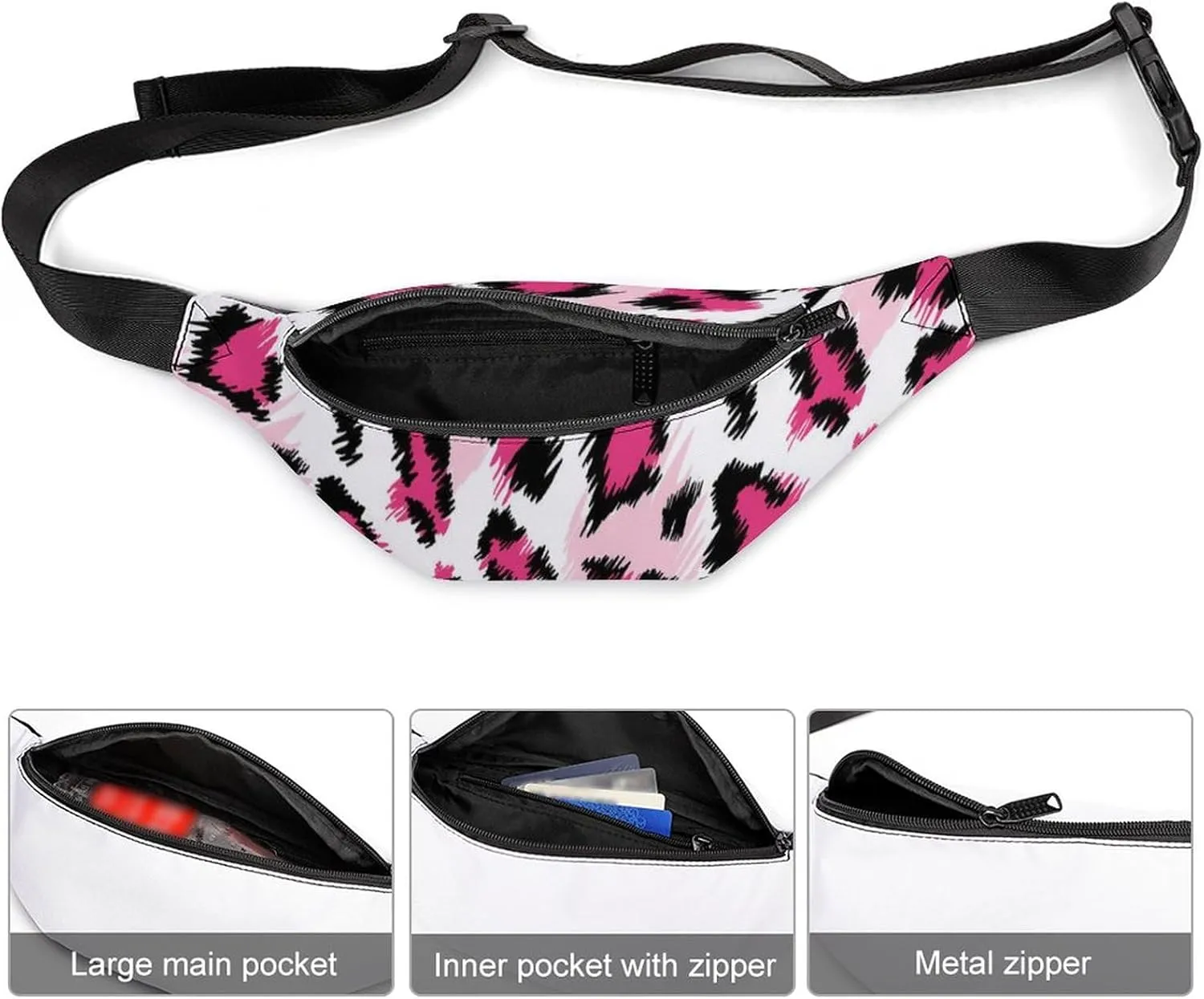 Small Fanny Pack Crossbody Bag with Adjustable Strap, Large Capacity & Water Resistant Waist Pack Pink Cheetah Animal Skin Leopard Print Belt Bag for Hiking Running Travel Cycling