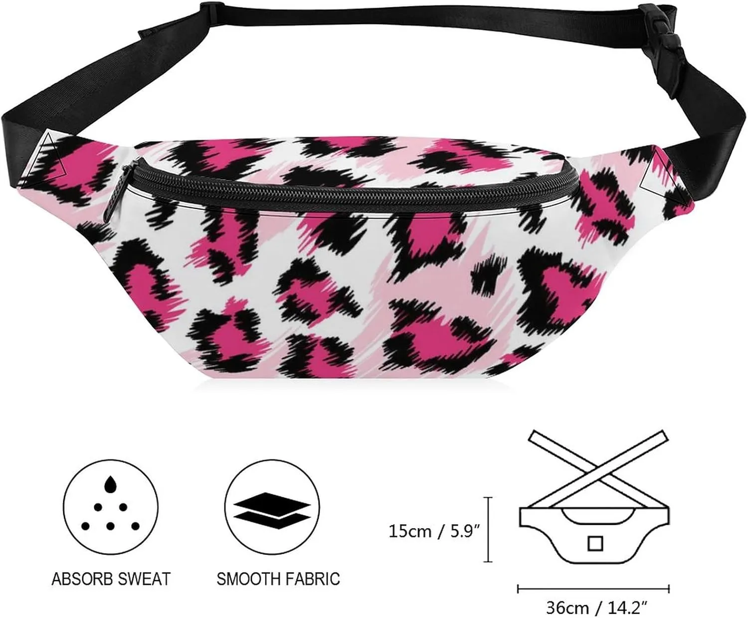 Small Fanny Pack Crossbody Bag with Adjustable Strap, Large Capacity & Water Resistant Waist Pack Pink Cheetah Animal Skin Leopard Print Belt Bag for Hiking Running Travel Cycling