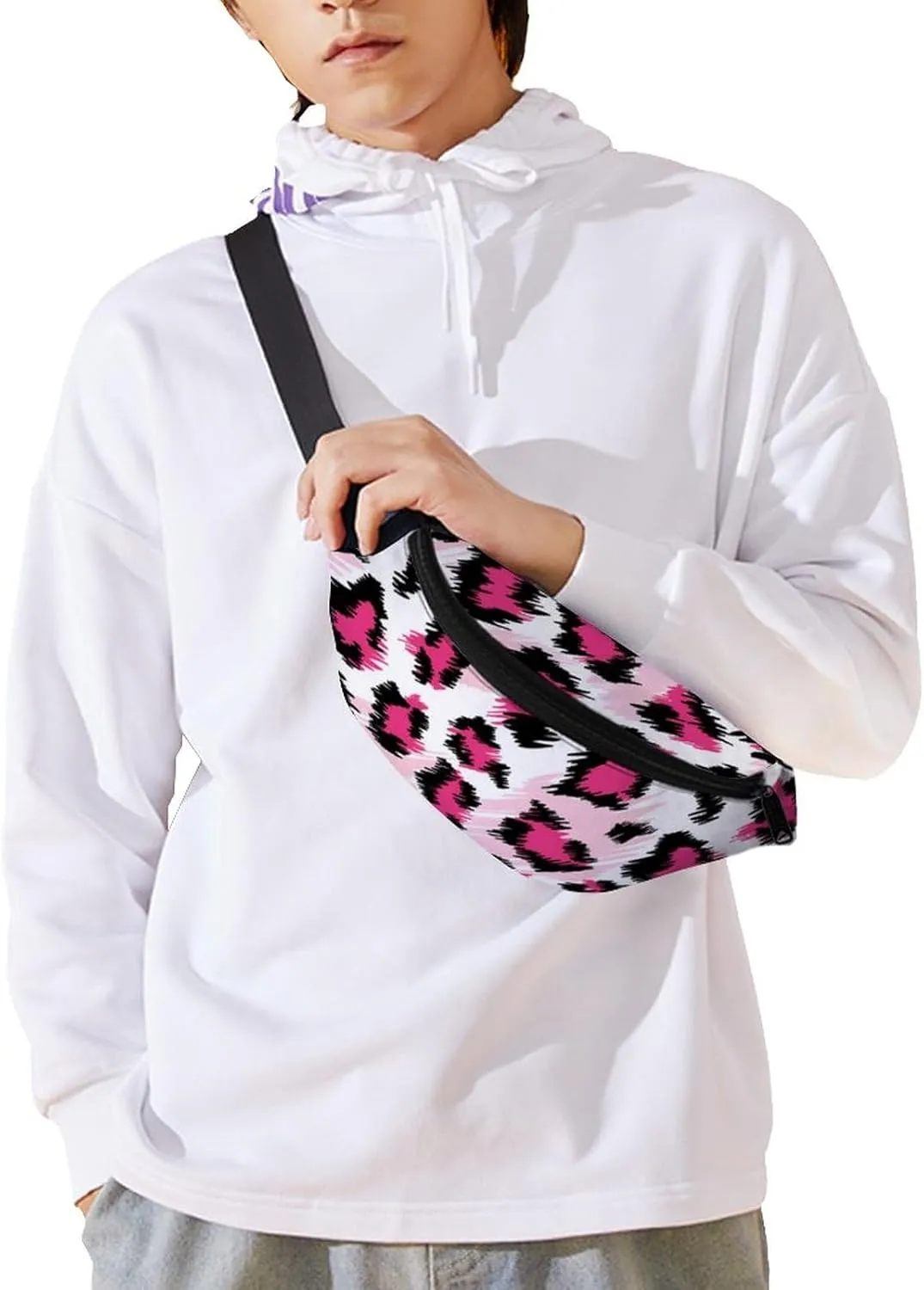 Small Fanny Pack Crossbody Bag with Adjustable Strap, Large Capacity & Water Resistant Waist Pack Pink Cheetah Animal Skin Leopard Print Belt Bag for Hiking Running Travel Cycling