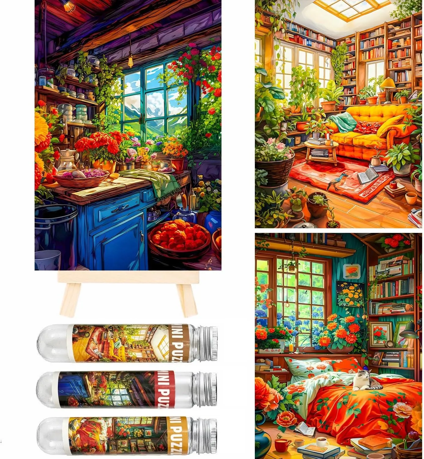 Small Jigsaw Puzzles for Adults 150 Pieces Vintage Kitchen Bedroom Living Room Mini Jigsaw Puzzles Challenging Mini Puzzles Tiny Jigsaw Puzzles 6 x 4 Inches, 3 Pcs,Mini Easel Included