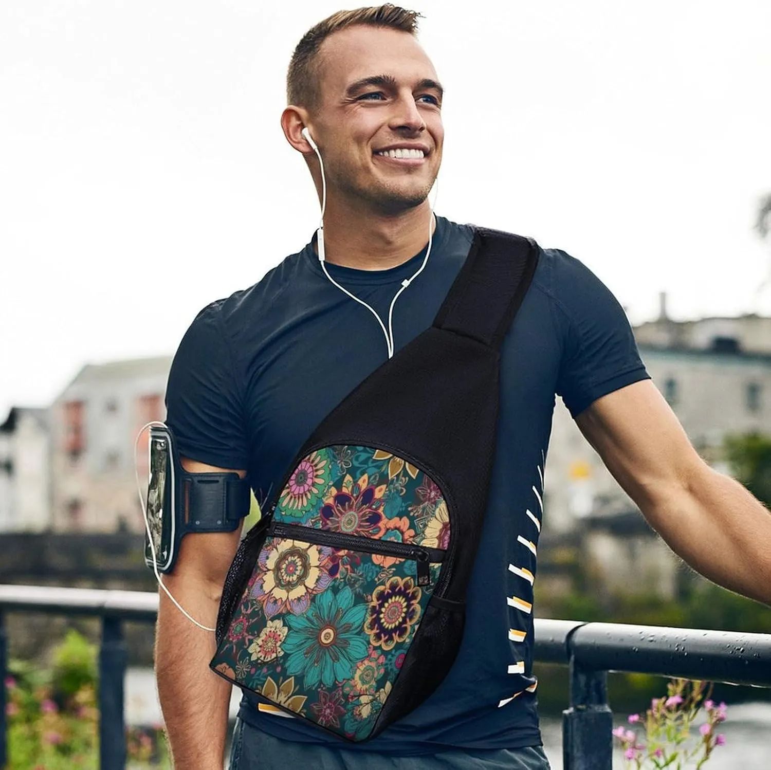 Small Sling Chest Bag Crossbody Bag for Men Women,Bohemian Flower Lightweight Gym Daypack for Travel Cycling Hiking