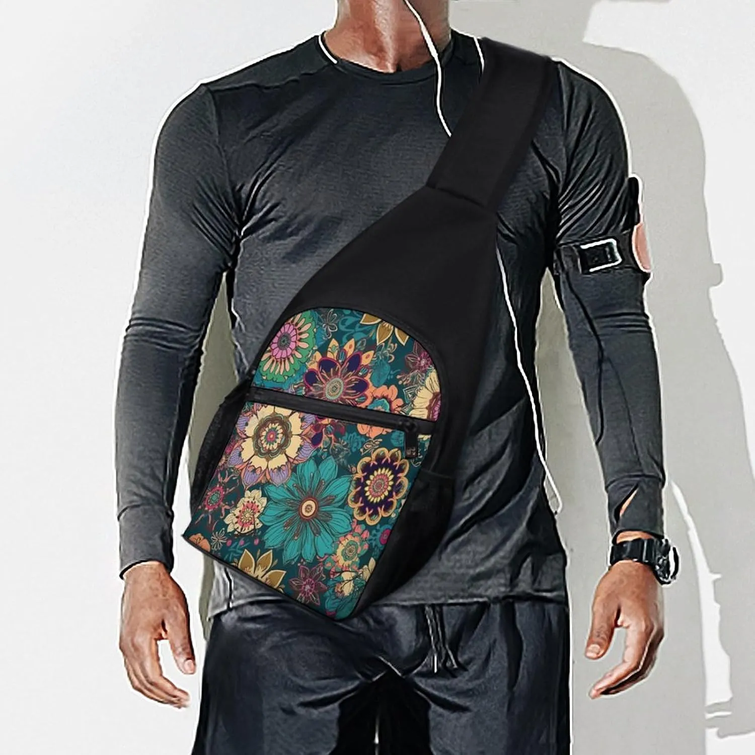 Small Sling Chest Bag Crossbody Bag for Men Women,Bohemian Flower Lightweight Gym Daypack for Travel Cycling Hiking