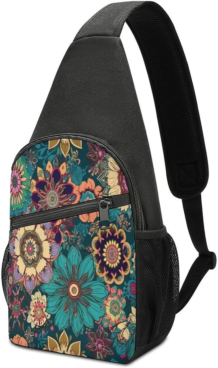 Small Sling Chest Bag Crossbody Bag for Men Women,Bohemian Flower Lightweight Gym Daypack for Travel Cycling Hiking