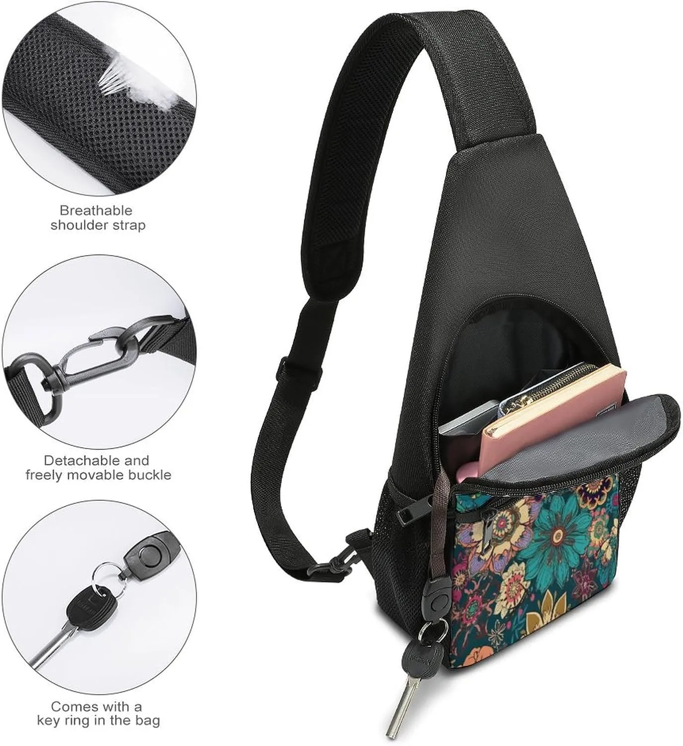 Small Sling Chest Bag Crossbody Bag for Men Women,Bohemian Flower Lightweight Gym Daypack for Travel Cycling Hiking