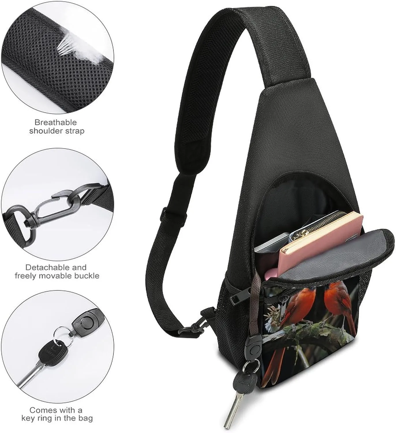 Small Sling Chest Bag Crossbody Bag for Men Women,Cardinals Birds Fauna Wild Lightweight Gym Daypack for Travel Cycling Hiking