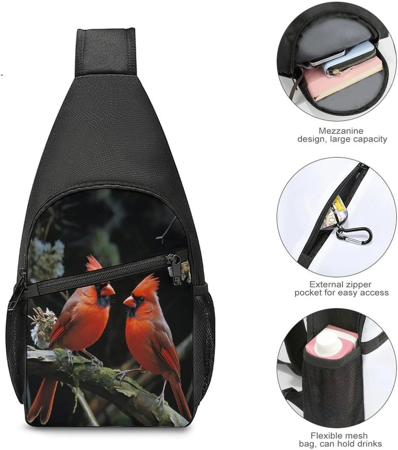 Small Sling Chest Bag Crossbody Bag for Men Women,Cardinals Birds Fauna Wild Lightweight Gym Daypack for Travel Cycling Hiking