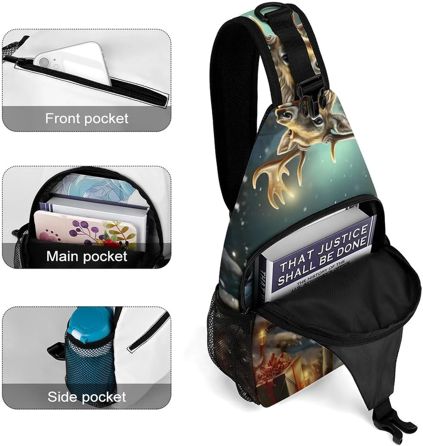 Small Sling Chest Bag Crossbody Bag for Men Women,Christmas Gift Reindeer Lightweight Gym Daypack for Travel Cycling Hiking