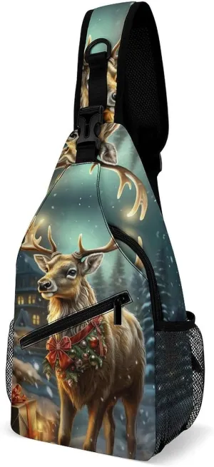 Small Sling Chest Bag Crossbody Bag for Men Women,Christmas Gift Reindeer Lightweight Gym Daypack for Travel Cycling Hiking