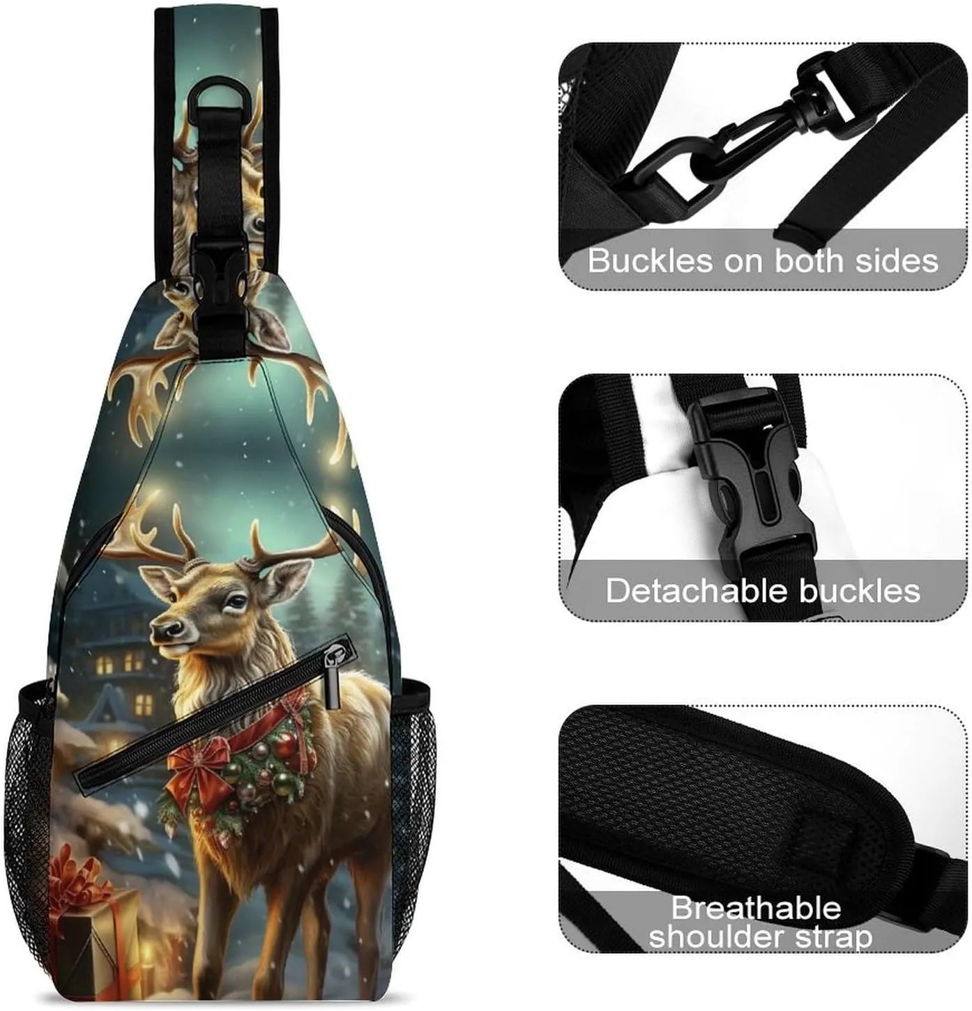 Small Sling Chest Bag Crossbody Bag for Men Women,Christmas Gift Reindeer Lightweight Gym Daypack for Travel Cycling Hiking