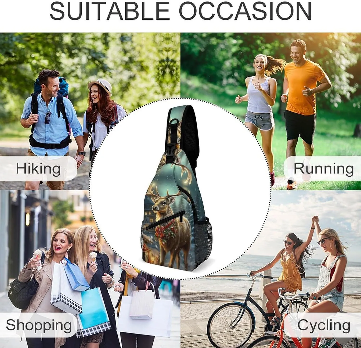 Small Sling Chest Bag Crossbody Bag for Men Women,Christmas Gift Reindeer Lightweight Gym Daypack for Travel Cycling Hiking