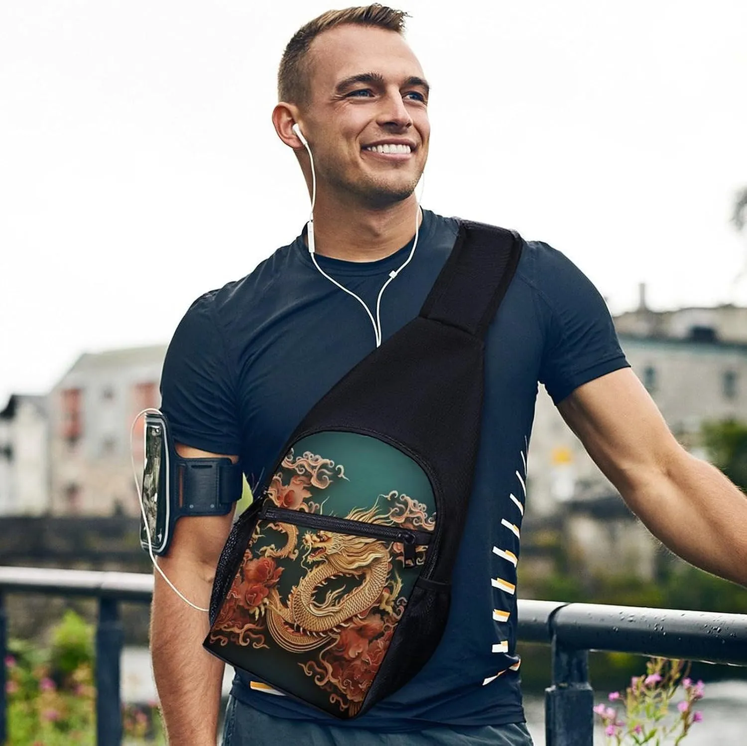 Small Sling Chest Bag Crossbody Bag for Men Women,Dragon Chinese Background Lightweight Gym Daypack for Travel Cycling Hiking