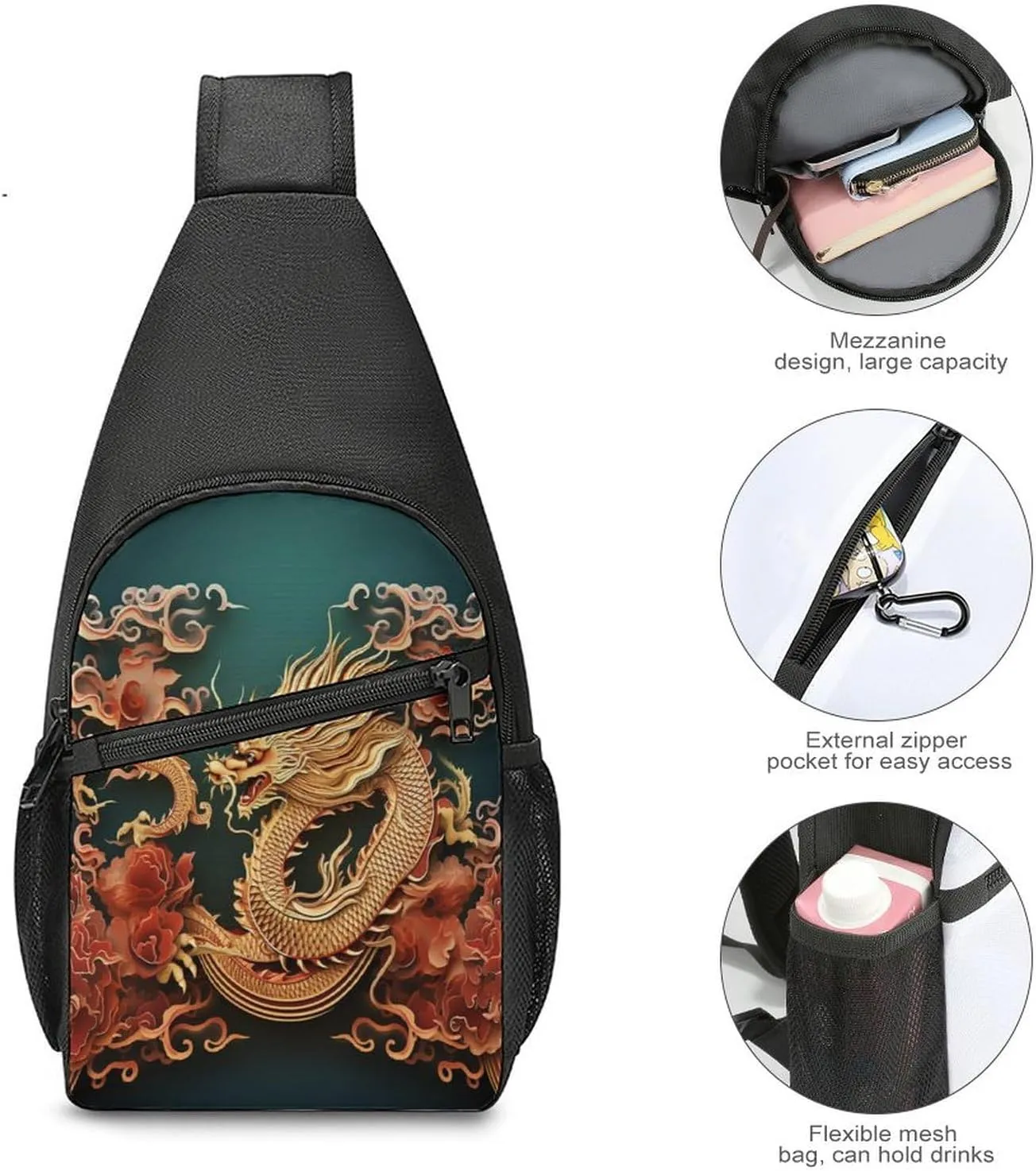 Small Sling Chest Bag Crossbody Bag for Men Women,Dragon Chinese Background Lightweight Gym Daypack for Travel Cycling Hiking